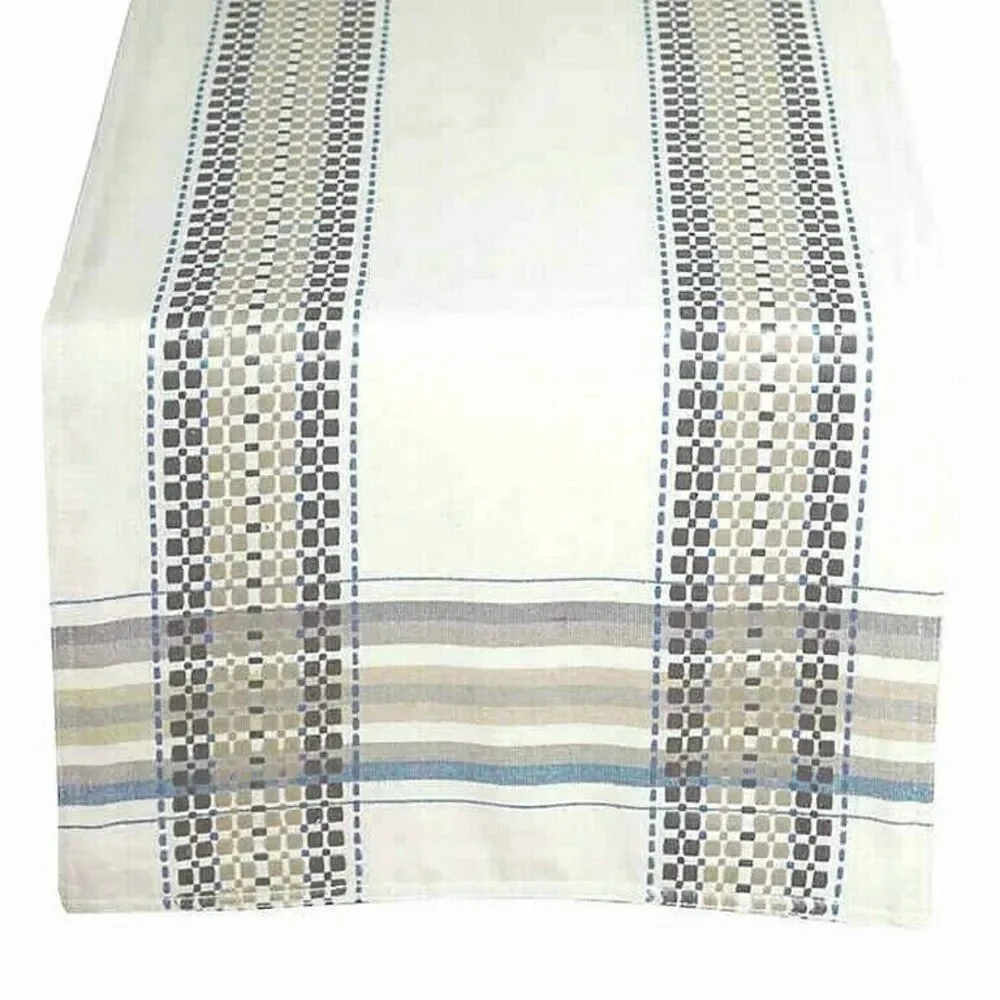 Terra Woven French Country Table Runner 14x90 Beige Blue Farm Rustic